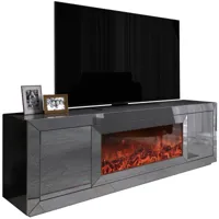 vivenla meuble tv design avec cheminée artificielle intégrée en miroir anthracite livré monté 200cm de largeur collection fibramu
