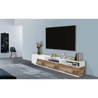 alter meuble tv de salon, made in italy, meuble tv avec 2 portes géométriques et 2 tiroirs, cm 200x43h46, blanc brillant et érable  blanc