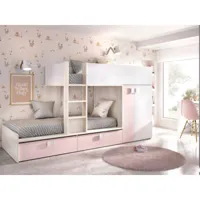 vente-unique lits superposés 2 x 90 x 190 cm  - armoire intégrée - blanc, naturel et rose - juanito