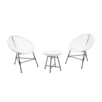 acapulco : ensemble 2 fauteuils oeuf + table basse blanc