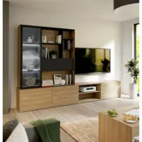 tbs meuble tv mural suspendu ulezza : meuble tv 3 portes + etagère - eclairage inclus - décor noir et chêne - l304 x p42 x h200 cm  beige
