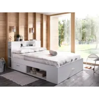 lit avec tête de lit rangements et tiroirs - 160 x 200 cm - coloris : blanc + sommier + matelas - leandre