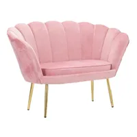 canapé 2 places en velours, couleur rose, avec pieds dorés avec un design particulier qui rappelle les pétales d'une fleur, mesures 74 x 84 x 130 cm