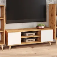 meuble tv avec 2 portes et 1 étagère centrale, buffet avec pieds, buffet de salon style scandinave, 155x40h50 cm, coloris blanc et érable
