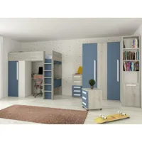 vente-unique lit mezzanine 90 x 200 cm avec armoire et bureau - bleu et blanc + matelas - nicolas  bleu