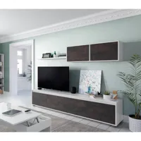 meuble tv de salon avec quatre portes, avec élément mural et étagère, marron foncé et blanc brillant, dimensions du meuble tv 200 x 43 x 41 cm élément mural 105 x 35 x 29 cm etagère 95 x 3 x 21 cm