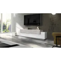 meuble tv de salon, made in italy, meuble tv avec 3 portes et étagères, cm 200x45h52, couleur blanc brillant et ciment