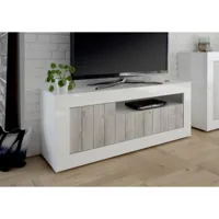 alter meuble tv de salon, made in italy, buffet pour tv de salon avec 3 portes et étagères, cm 138x56h42, blanc brillant et couleur béton  blanc