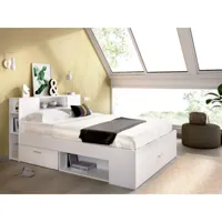 lit avec tête de lit rangements et tiroirs - 140 x 190 cm - coloris : blanc + sommier + matelas - leandre