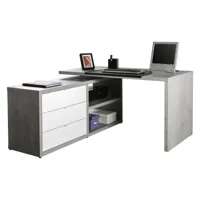 bureau avec possibilité de montage en angle avec trois tiroirs et deux étagères, coloris blanc brillant et béton, 140 x 74,2 x 150 cm