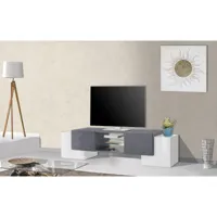 meuble tv de salon, made in italy, meuble tv avec 4 portes et étagères, 190x45h45 cm, couleur blanc brillant et gris frêne