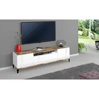 meuble tv de salon, made in italy, meuble tv avec 2 portes et 1 tiroir, cm 160x40h47, blanc brillant et érable