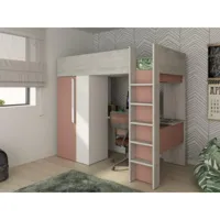 vente-unique lit mezzanine 90 x 200 cm avec armoire et bureau - rose et blanc + matelas - nicolas