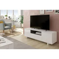 meuble tv de salon avec trois portes et étagère centrale, couleur blanc brillant avec étagère gris cendré, dimensions 150 x 46 x 41 cm