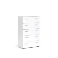commode à cinq tiroirs avec poignées, couleur blanche, dimensions 74 x 114 x 36 cm
