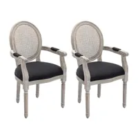 vente-unique lot de 2 chaises avec accoudoirs - cannage, tissu et bois d'hévéa - noir - antoinette