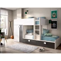 lits superposés 2 x 90 x 190 cm - armoire intégrée - blanc, naturel et anthracite - juanito