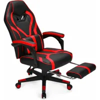 giantex chaise gaming cuir pvc, siège gamer pivotante ergonomique, fauteuil de bureau repose-pieds rétractable, réglable en hauteur et dossier réglable charge 150kg (rouge)