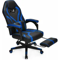 giantex chaise gaming cuir pvc, siège gamer pivotante ergonomique, fauteuil de bureau repose-pieds rétractable, réglable en hauteur et dossier réglable charge 150kg (bleu)