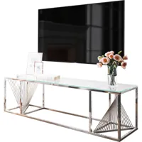 vivenla meuble tv design en acier inoxydable poli argenté et verre trempé l. 160 x p. 45 x h. 45 cm collection bolzano  argent