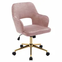 chaise fauteuil de bureau pivotante sur roulettes en tissu velours rose pieds métal doré bur09099