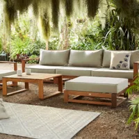 sweeek salon de jardin en bois 5 places - mendoza - coussins beiges, canapé, fauteuils et table basse en acacia | sweeek  taupe
