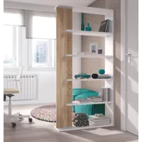 bibliothèque avec cinq étagères, couleur blanc artik avec détail couleur chêne, dimensions 90 x 180 x 25 cm