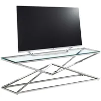 vivenla meuble tv design en acier inoxydable poli argenté et verre trempé l. 150 x p. 40 x h. 45 cm collection parma  argent