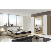 pegane chambre à coucher complète adulte (lit 180x200 cm + 2 chevets + armoire) coloris imitation chêne poutre/blanc