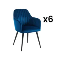 vente-unique lot de 6 chaises avec accoudoirs en velours et métal noir - bleu - eleana  bleu