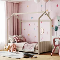lit bébé rembourré 90×200 cm, lit de maison avec tête de lit, pied de lit, sommier à lattes et toit, tissu velours?beige