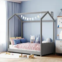 lit bébé rembourré 90×200 cm, lit de maison avec tête de lit, pied de lit, sommier à lattes et toit, tissu velours, gris