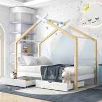 lbf lit pour enfant avec 2 tiroirs lit d'enfant, bois massif avec sommier à lattes, pour chambres d'enfants et de jeunes (sans matelas) (200 x 90 cm, blanc + couleur bois)  blanc