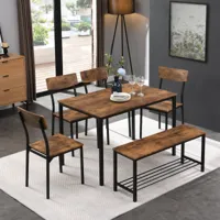 linkifly ensemble de table à manger, 1 table + 4 chaises+ 1 banquette, cadres en bois et acier, style industriel,noir et brun
