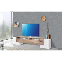 meuble tv de salon, made in italy, meuble tv avec 3 portes et étagères, 210x45h45 cm, couleur blanc brillant et érable
