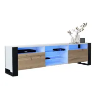 dusine meuble tv 200 cm lovy led blanc mat et porte chêne - style industriel