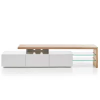 inside 75 meuble tv design alrik 3 tiroirs structure laquée blanc mat plateau décor chêne  blanc
