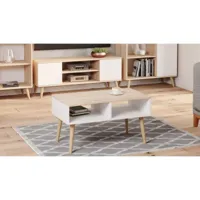 table basse de salon, table magazine avec 2 étagères et pieds, style scandi, 55x90h55 cm, coloris blanc et chêne