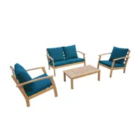 sweeek salon de jardin en bois 4 places - ushuaïa - coussins bleu canard, canapé, fauteuils et table basse en acacia, design | sweeek  bois