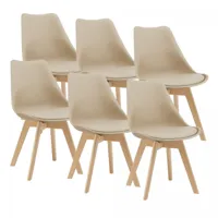en.casa lot de 6 chaises de salle à manger scandinave siège cuisine plastique similicuir hêtre 81 x 49 x 57 cm beige [en.casa]  beige