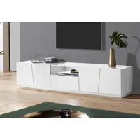 meuble tv de salon, made in italy, meuble tv avec 4 portes et 1 tiroir, 220x43h46 cm, couleur blanc brillant, avec lumière led blanche
