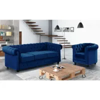 vente-unique canapé 3 places et fauteuil chesterfield - velours bleu roi  bleu roi