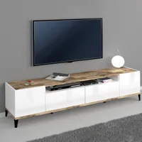 ahd amazing home design meuble tv moderne compartiment tiroir 200x40cm blanc brillant bois young wood