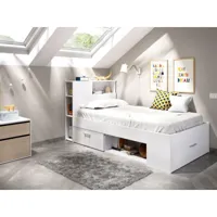 vente-unique lit avec tête de lit rangements et tiroir - 90 x 190 cm - blanc + sommier - leandre  noir