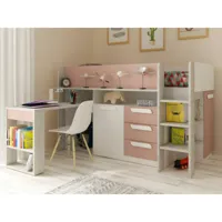 vente-unique lit combiné 90 x 200 cm - avec bureau et rangements - rose, naturel et blanc + matelas - loukala