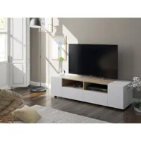meuble tv de salon avec deux portes battantes, deux portes battantes et deux petites étagères, couleur blanche avec détail en chêne, dimensions 138 x 36 x 42 cm