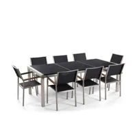 beliani table de jardin plateau granit noir poli 220 cm 8 chaises noires grosseto  argent