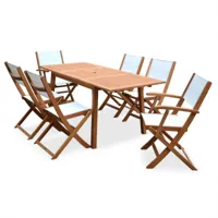 sweeek salon de jardin en bois almeria, table 120-180cm rectangulaire, 2 fauteuils et 4 chaises eucalyptus  et textilène blanc | sweeek  blanc, bois