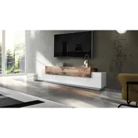 meuble tv de salon, made in italy, meuble tv avec 3 portes et étagères, cm 200x45h52, couleur blanc brillant et érable