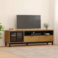 maison chic meuble tv scandinave - banc tv pour salon avec porte vitrée flam 158x40x50cm bois massif de pin -mn13488  marron